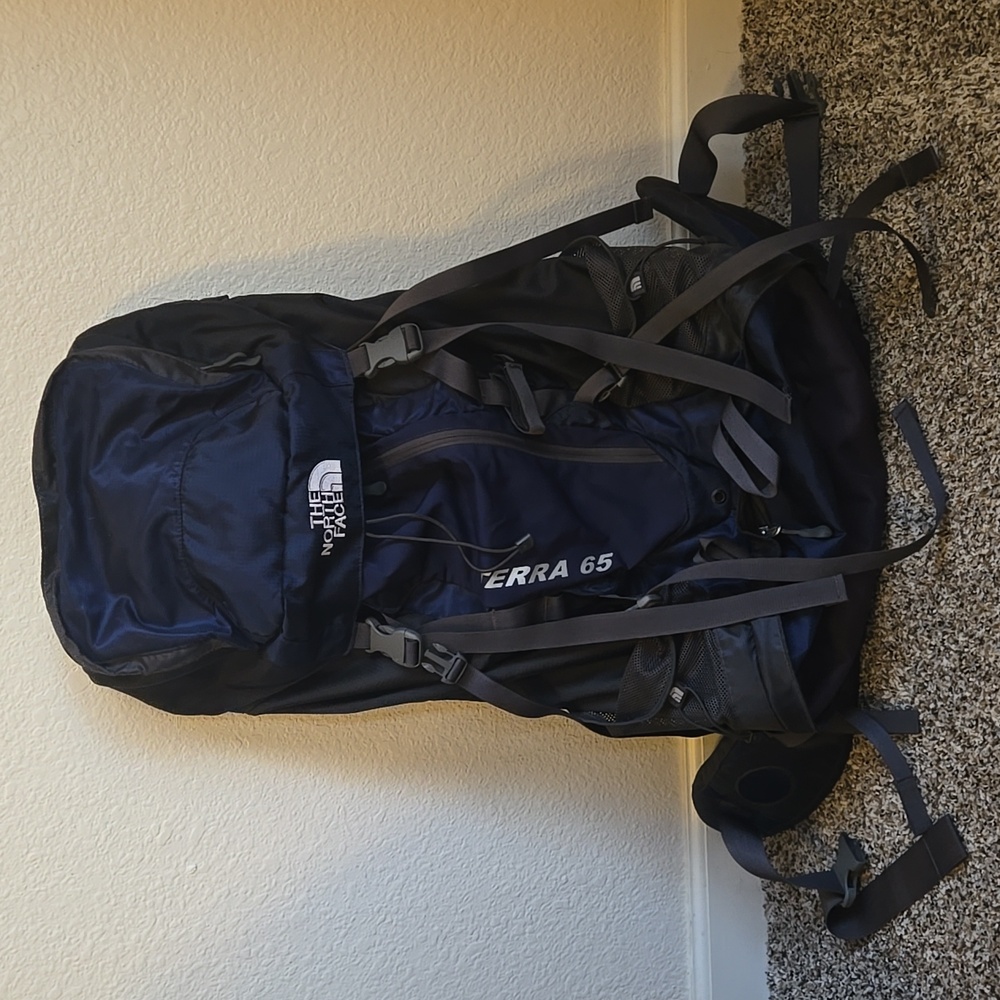 Northface Terra 65  full size hiking, camping backpack, navy and grey.